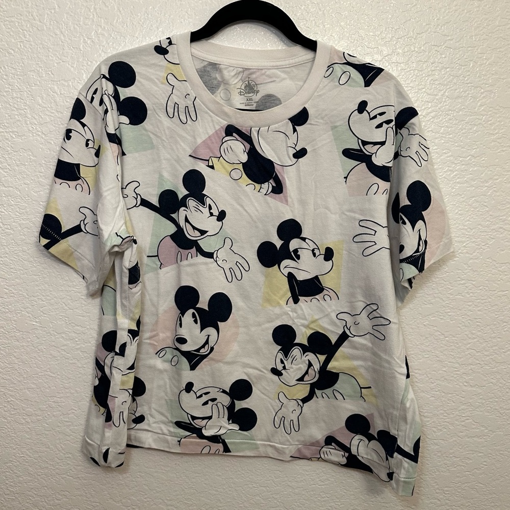 Disney Parks Authentic Pastel White Mickey Mouse  Boxy Crop Crew Neck Top - XXL
